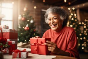 senior woman receiving thoughtful gifts for grandparents during the holidays