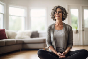 Senior woman meditating and enjoying benefits of downsizing in retirement