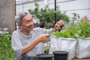 man gardening in greenhouse while participating in hobbies for seniors