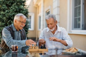 Two seniors considering independent living communities for older adults