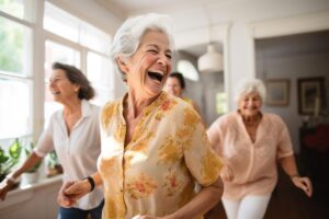 people laughing and smiling while participating in activities provided by senior independent living communities