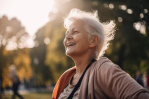 Senior woman smiling and enjoying some fresh air and sunshine while participating in memory exercises for seniors