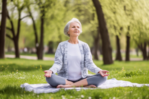 Older woman practicing meditation for seniors outdoors on a beautiful day