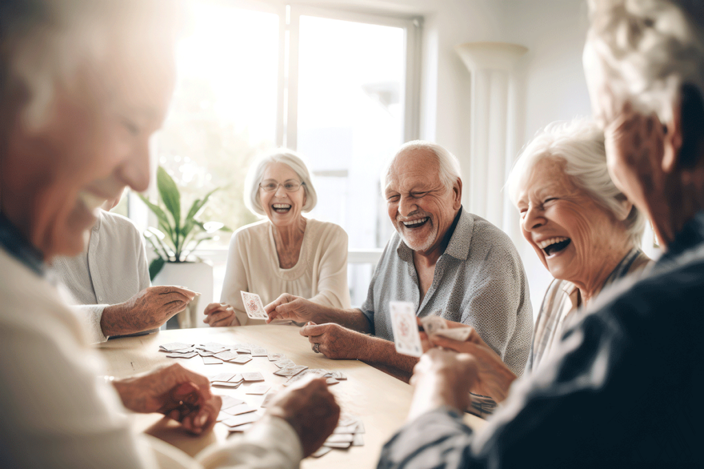 Group of seniors laughing while playing cards in an independent living community in dallas-fort worth