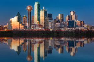 Gorgeous view of Dallas skyline at night as incentive for finding long term care in Dallas